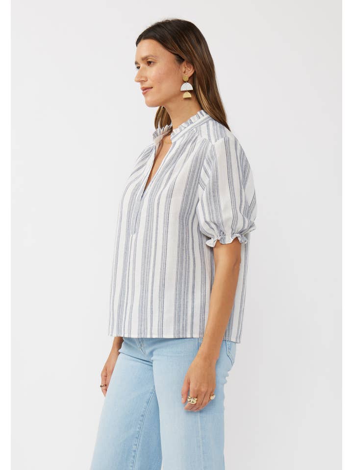 Navy Natural Yarn-Dyed Striped Puff Sleeve Split Neck Top for wholesale on Faire
