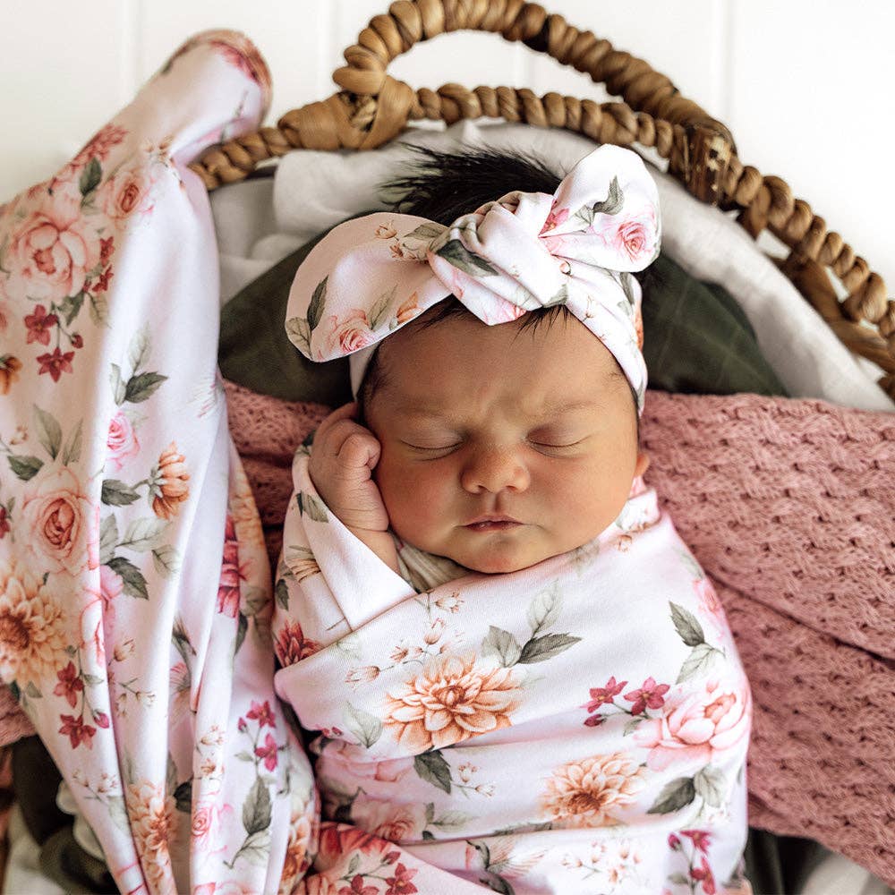 Snuggle Hunny - Wholesale Swaddle Set - Baby - Birds & Blooms Organic Jersey Wrap & Topknot Set2