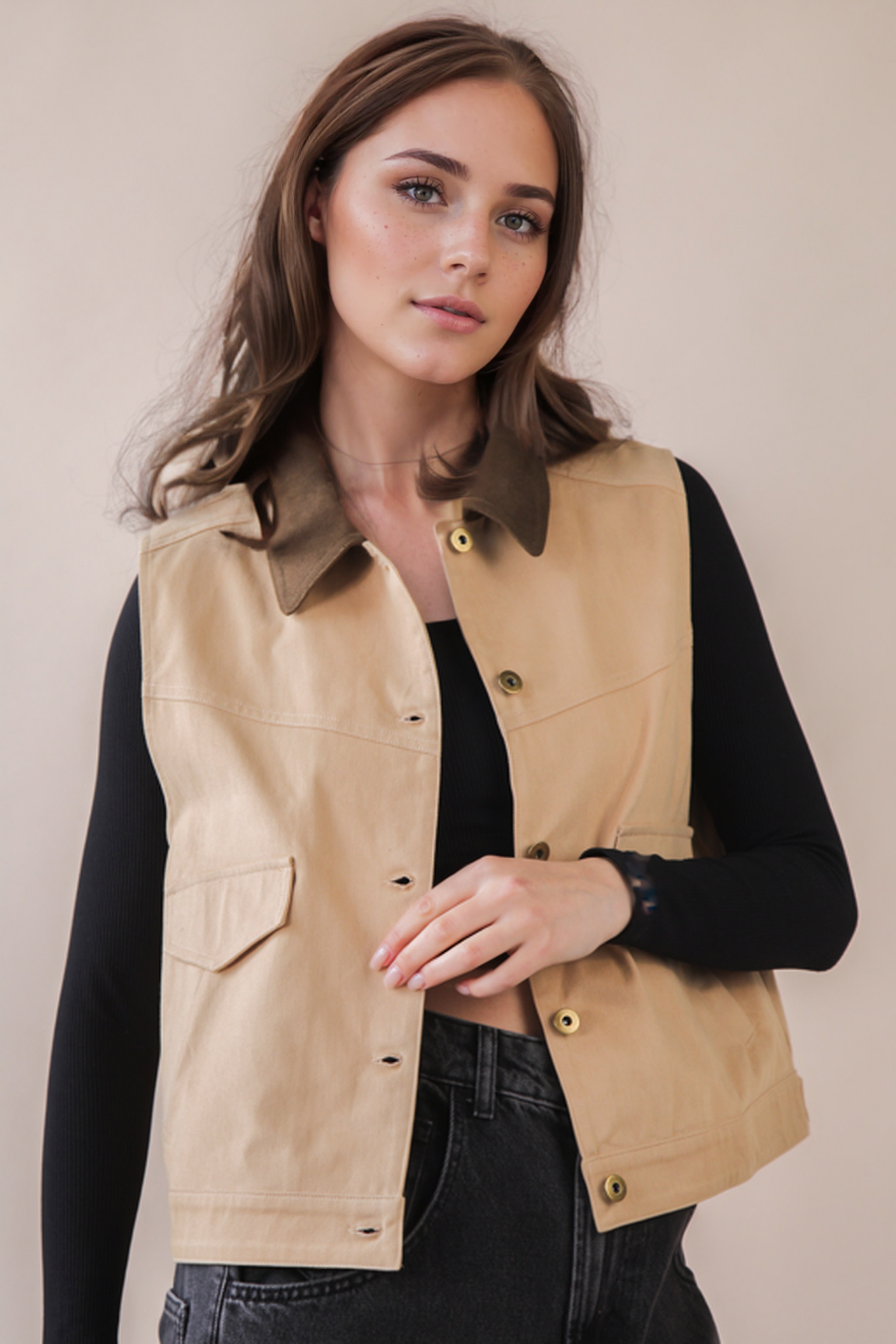 VERY J – Engroshandel Vest - Dame – NT12284-Vasket Bomulds Casual Vest med Knapper5