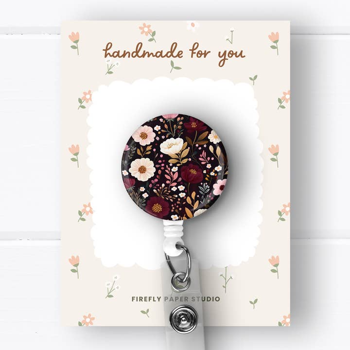 Dark Floral Badge Reel for wholesale by Firefly Paper Studio, LLC