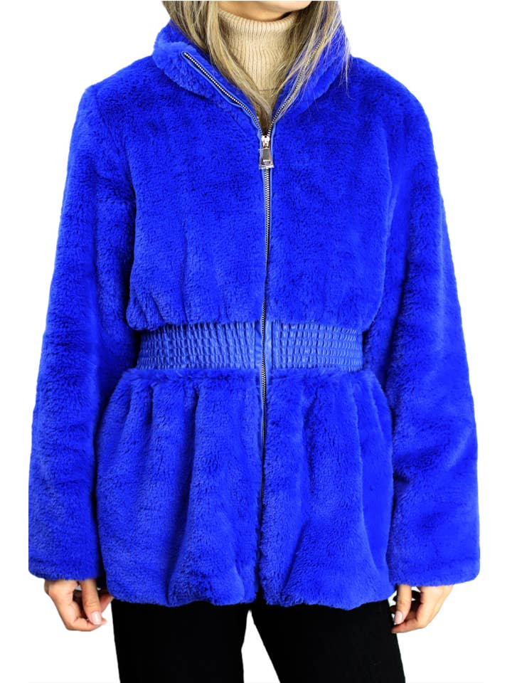 La Fiorentina - Wholesale Jacket - Women's - Plush Faux Fur Cinched Waist Jacket - Royal Blue