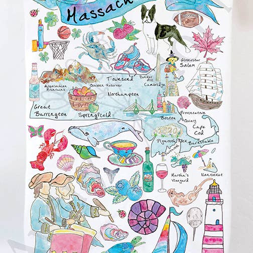 Massachusetts State Map Ocean Souvenir Tea Towel for wholesale by Avery's Home