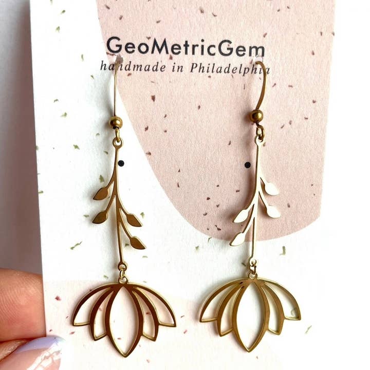 GeoMetricGem - Wholesale Dangle Earrings - Lotus Flower Earrings ~ Brass1