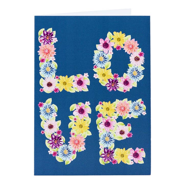 Floral LOVE Greeting Card hand-embellished with Pink Glitter for wholesale by Lil's Cards