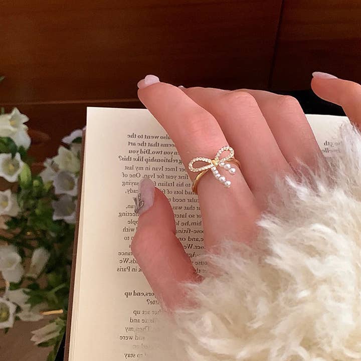ACCITY - Wholesale Band/Stacked Ring - FASHIONABLE BOW SMALL PEARL RING FOR WOMEN_CWAJE3096