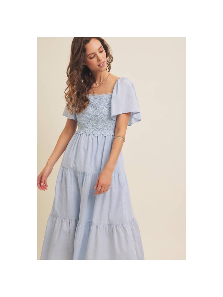 in february - Wholesale Dress - Women's - TIERED FLORAL CROCHET MIDI DRESS WITH FLUTTER SLVS