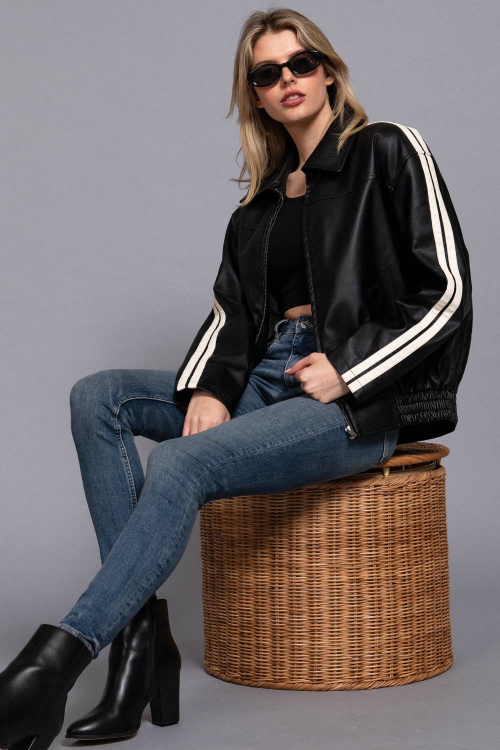 Active Basic | Active USA - Wholesale Leather Jacket - Women's - Long Sleeve Line Detail Faux Leather Jacket10