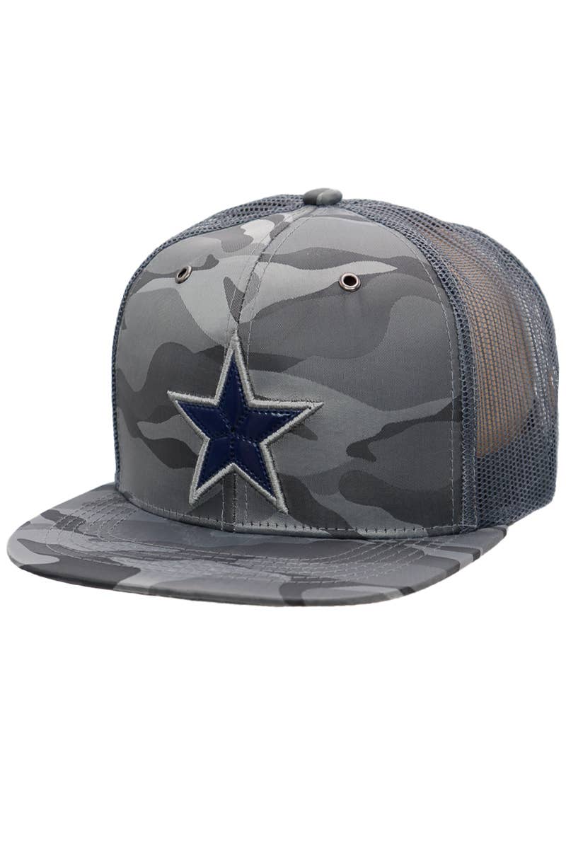 Cap Zone - Wholesale Trucker Hat - Unisex - Dallas Star Patch Camo Poly Flat Bill Trucker Hat