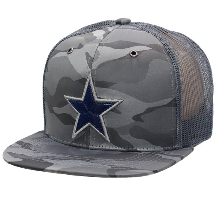 Cap Zone - Wholesale Trucker Hat - Unisex - Dallas Star Patch Camo Poly Flat Bill Trucker Hat0