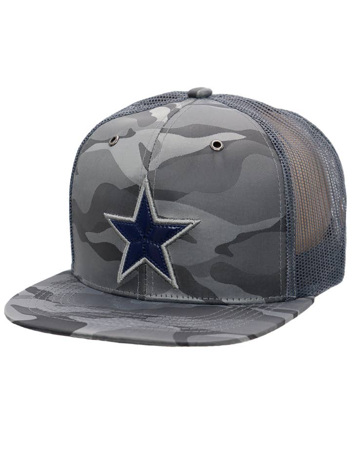 Dallas Star Patch Camo Poly Flat Bill Trucker Hat for wholesale by Cap Zone