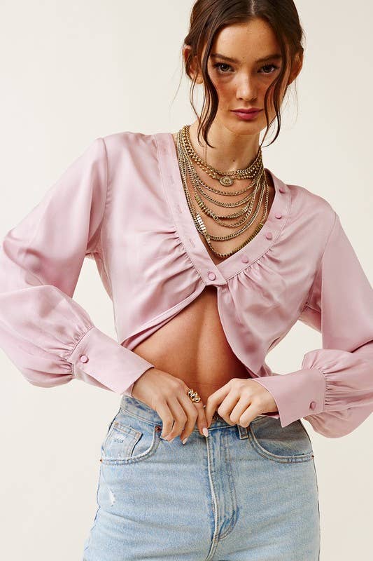 Mimosa - Wholesale Blouse - Women's - V neck Satin Crop Blouse with Button Accents6