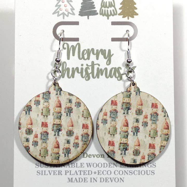 Wooden Bauble Shape Earrings - Elf- Made in Devon for wholesale by Devon Fox