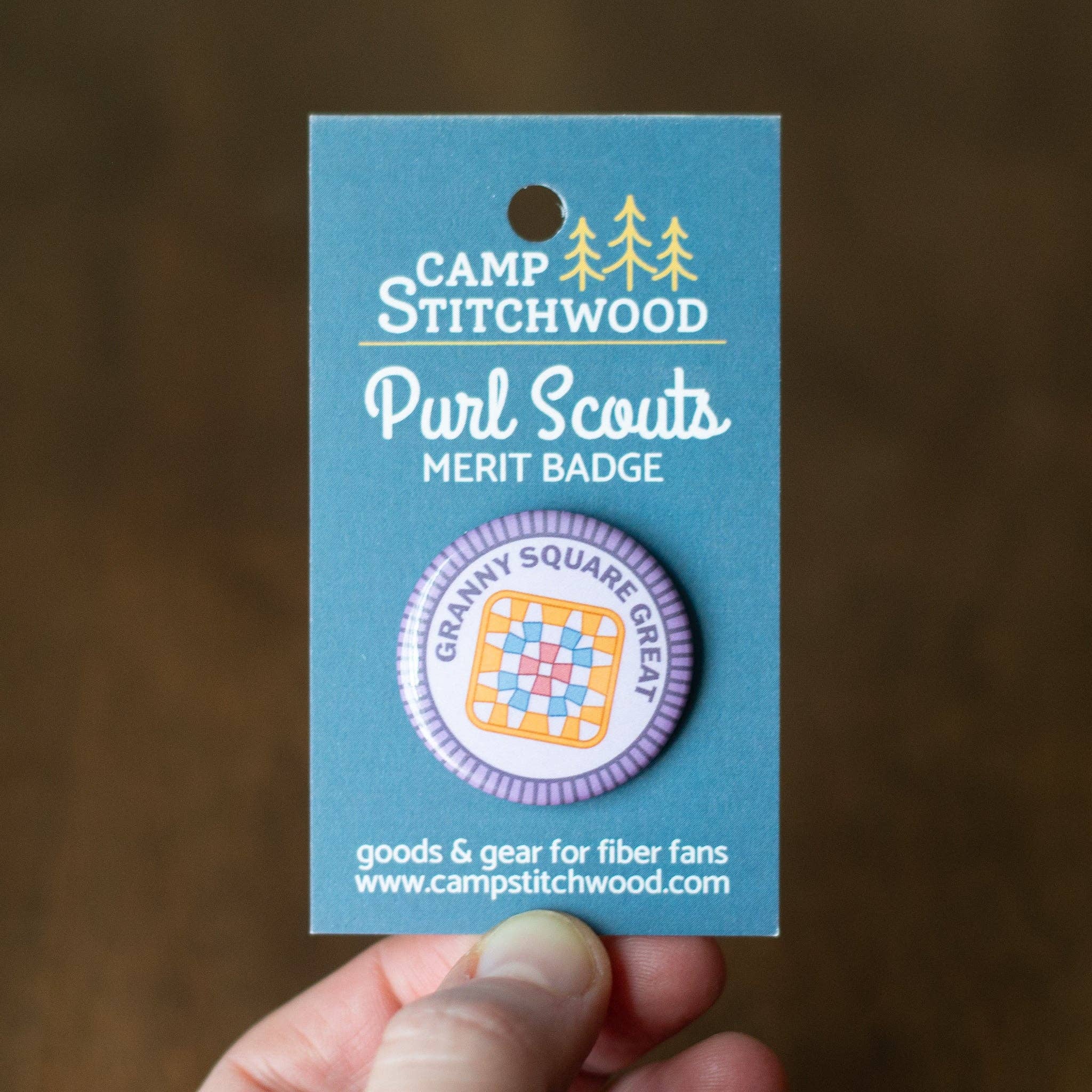 Camp Stitchwood - Wholesale Lapel Pin/Button - Granny Square Great Merit Badge2
