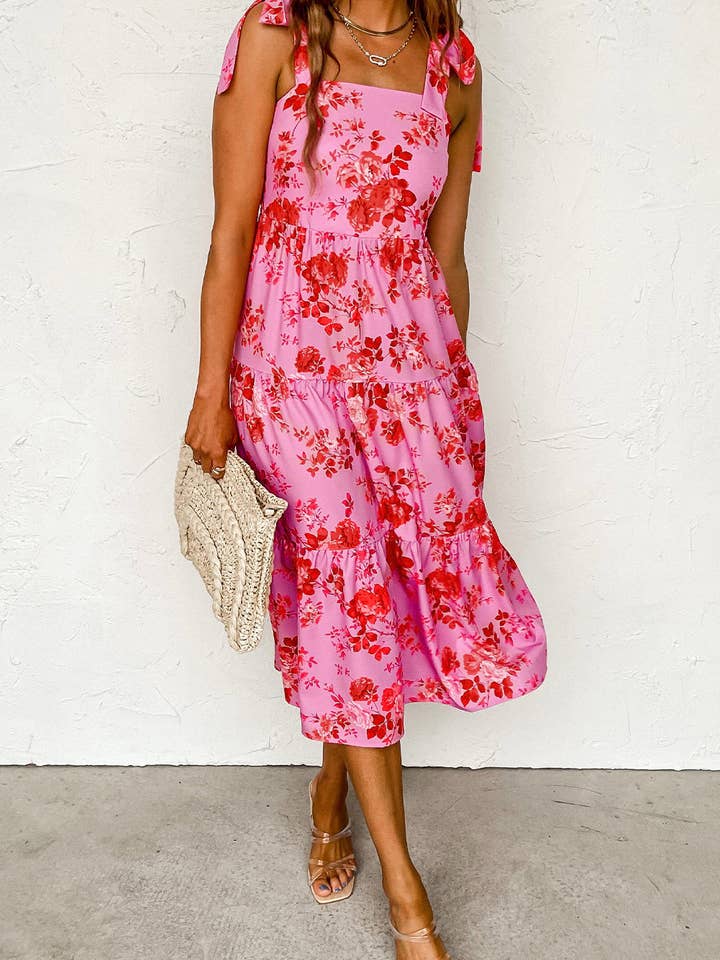 Pink Floral Tie Strap Midi Dress for wholesale on Faire
