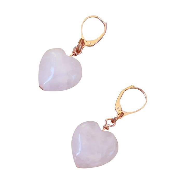 Boucles d'oreilles en or rose et vermeil en quartz rose, boucle d'oreille en forme de cœur pour la vente par nlanlaVictory