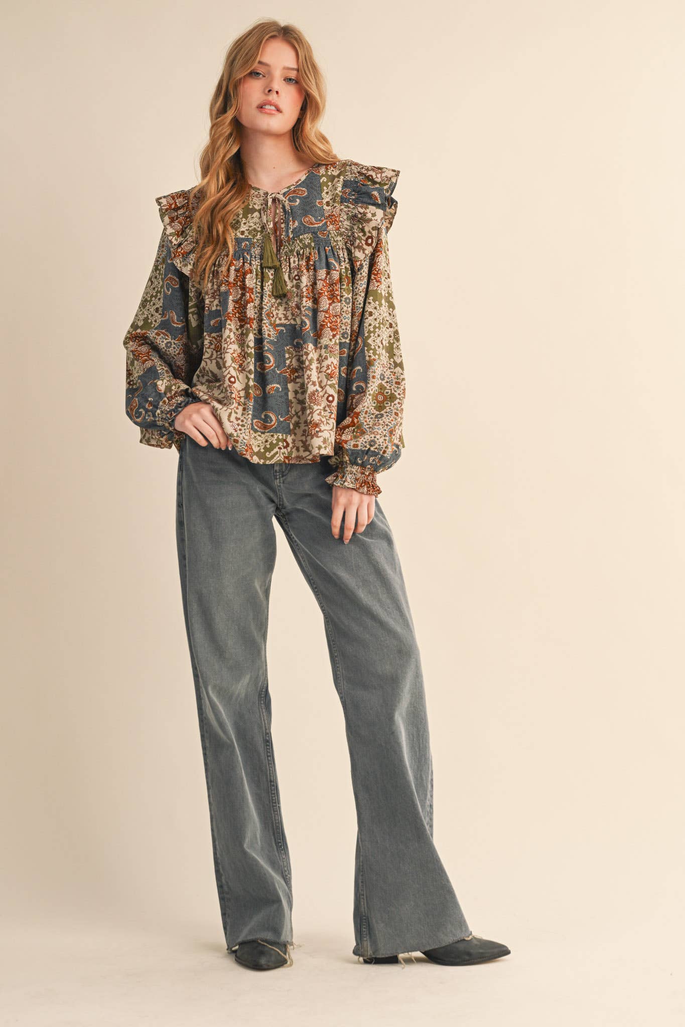 &MERCI - Wholesale Blouse - Women's - PATCHWORK PRINT SMOCKED RUFFLE BLOUSE MTP435020