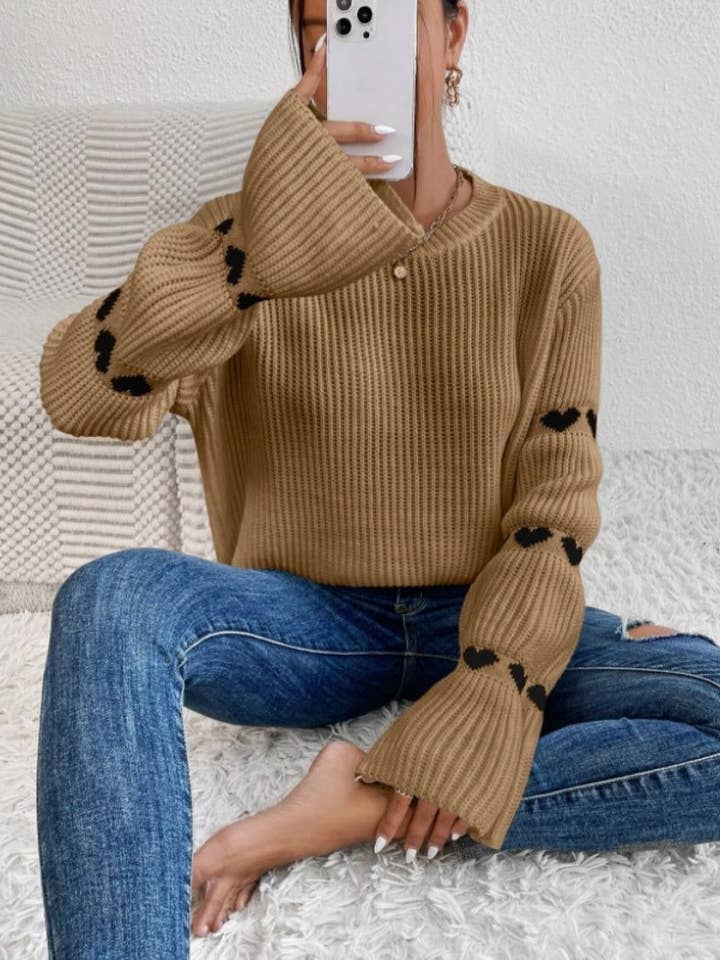 safistyle - Wholesale Knit Sweater - Women's - Knit Sweater with Heart Detail on Sleeves