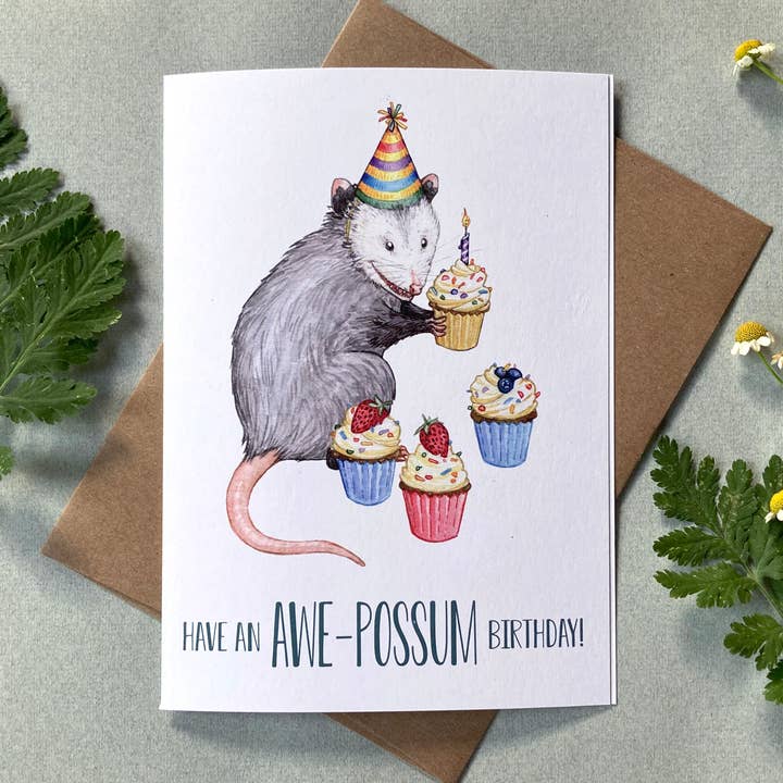 Have an Awe-Possum Birthday! - Birthday Card for wholesale by Lucinda Rowe Art