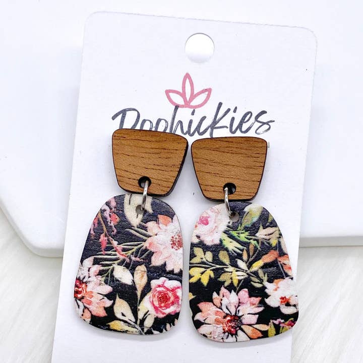 Doohickies - Wholesale Dangle Earrings - Cherry Wood & Dahlia Black Floral Bell Collection -Earrings