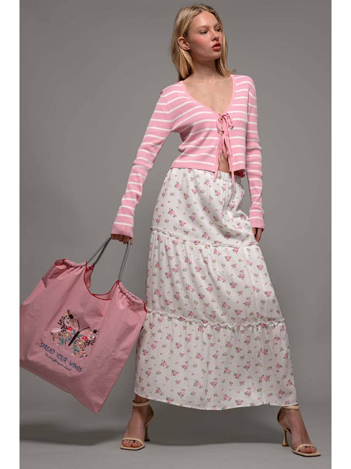 Urban Daizy - Wholesale Skirt - Women's - Rose Print Triple-Tier Ruffle Linen Blend Skirt