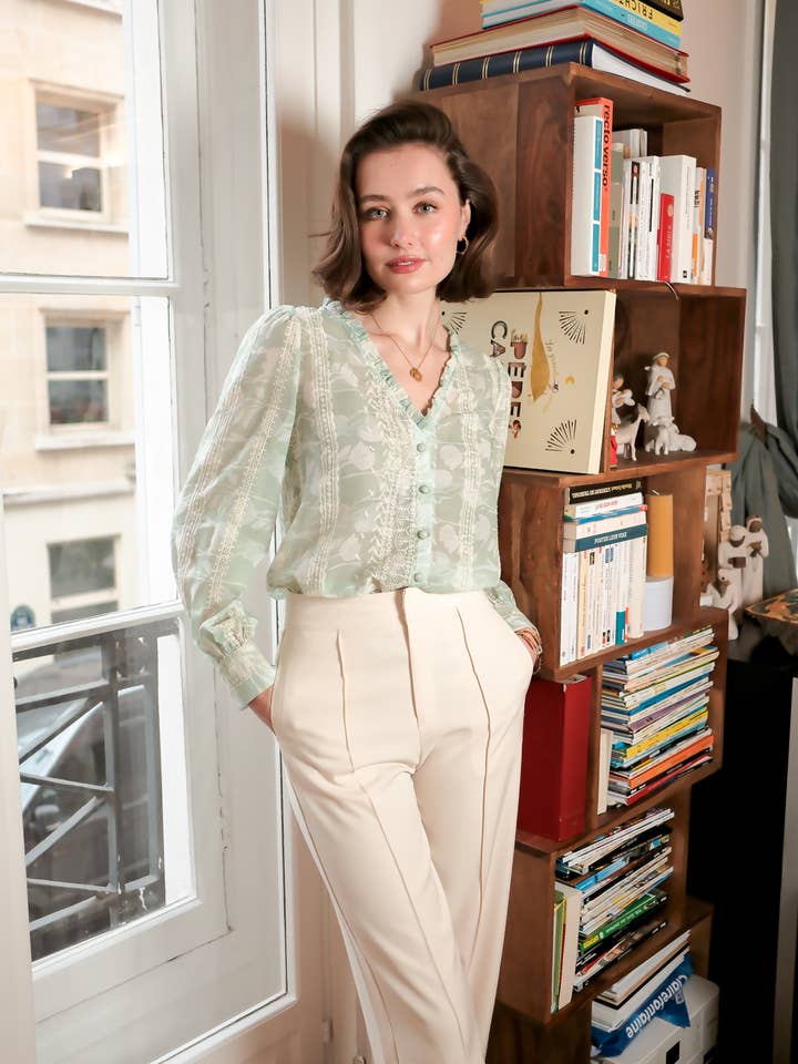 V-neck blouse with floral print and embroidery - 4819T-JUNE for wholesale by LOVIE & CO