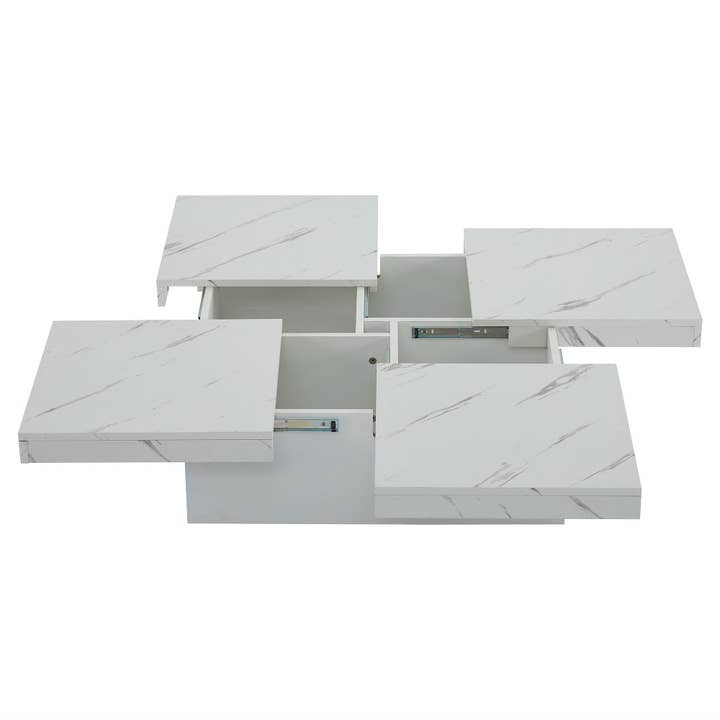 Urban Meuble - Wholesale Side Table - Modern white square coffee table with marble effect, 4 drawers, sliding top 90x90x25cm KHEKRIED57