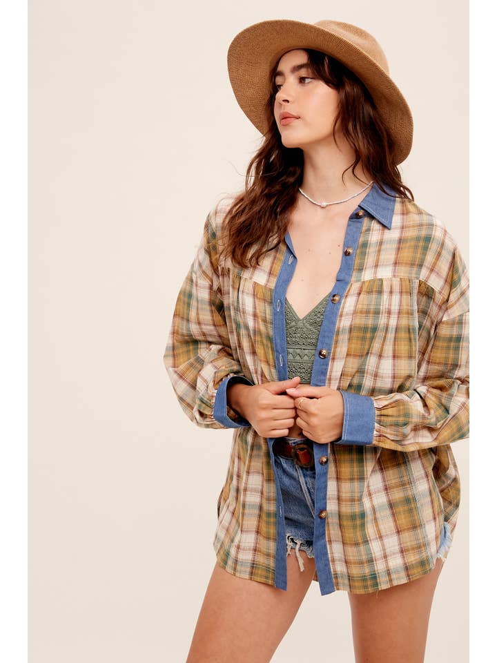 Listicle - Wholesale Button Down Shirt - Women's - Mixed Plaid Oversized Button-Down Shirt LJ020513