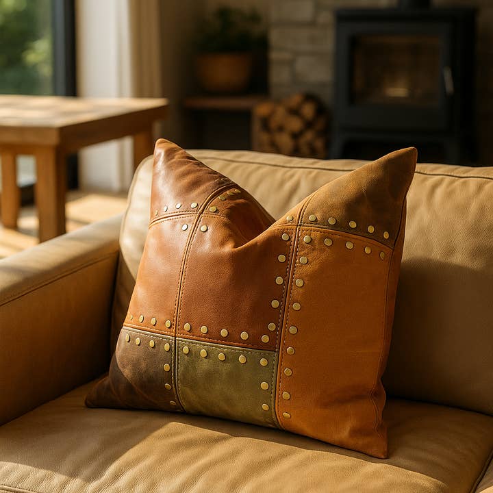 MLC - Wholesale Chair Cushion - Rustic Studded Leather Cushion Cover – Tan & Olive Patchwork Accent2