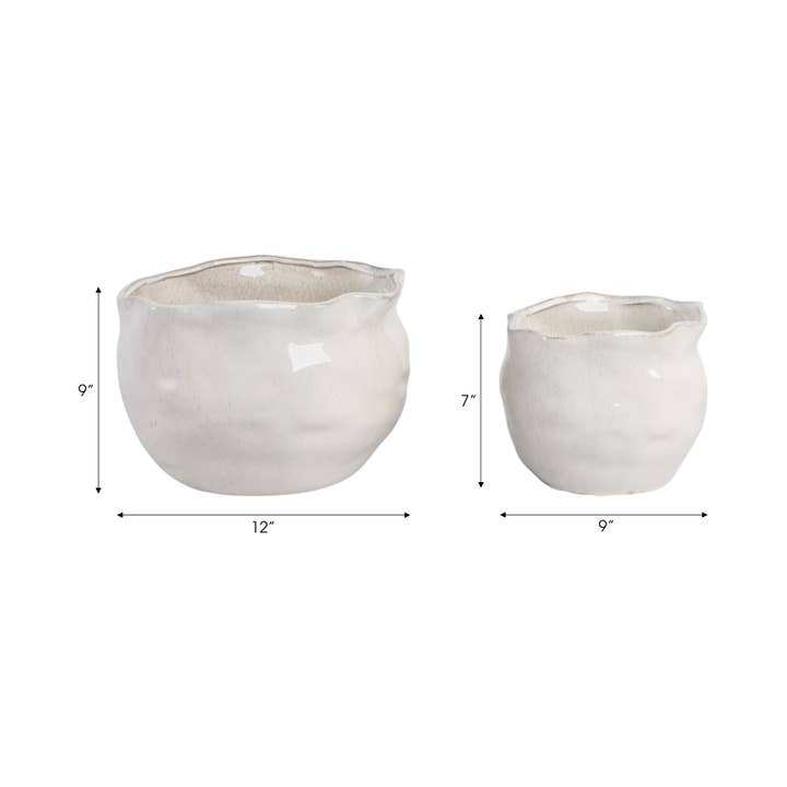 Sagebrook Home - Wholesale Plant Pot - 9/12 in. White Wavy Edge Stoneware Planters (Set of 2)