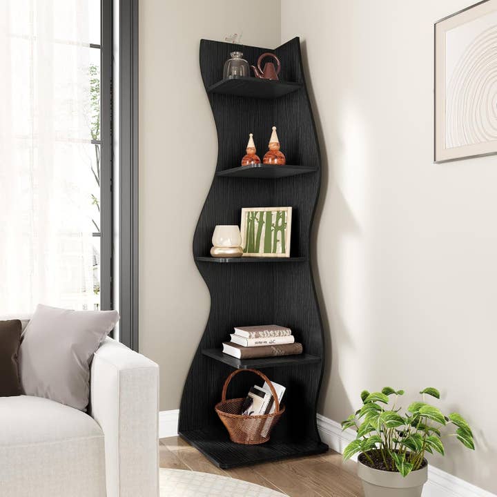 Black White 5 Tier Corner Shelf Wall Bookcase For Small Spaces for wholesale on Faire5