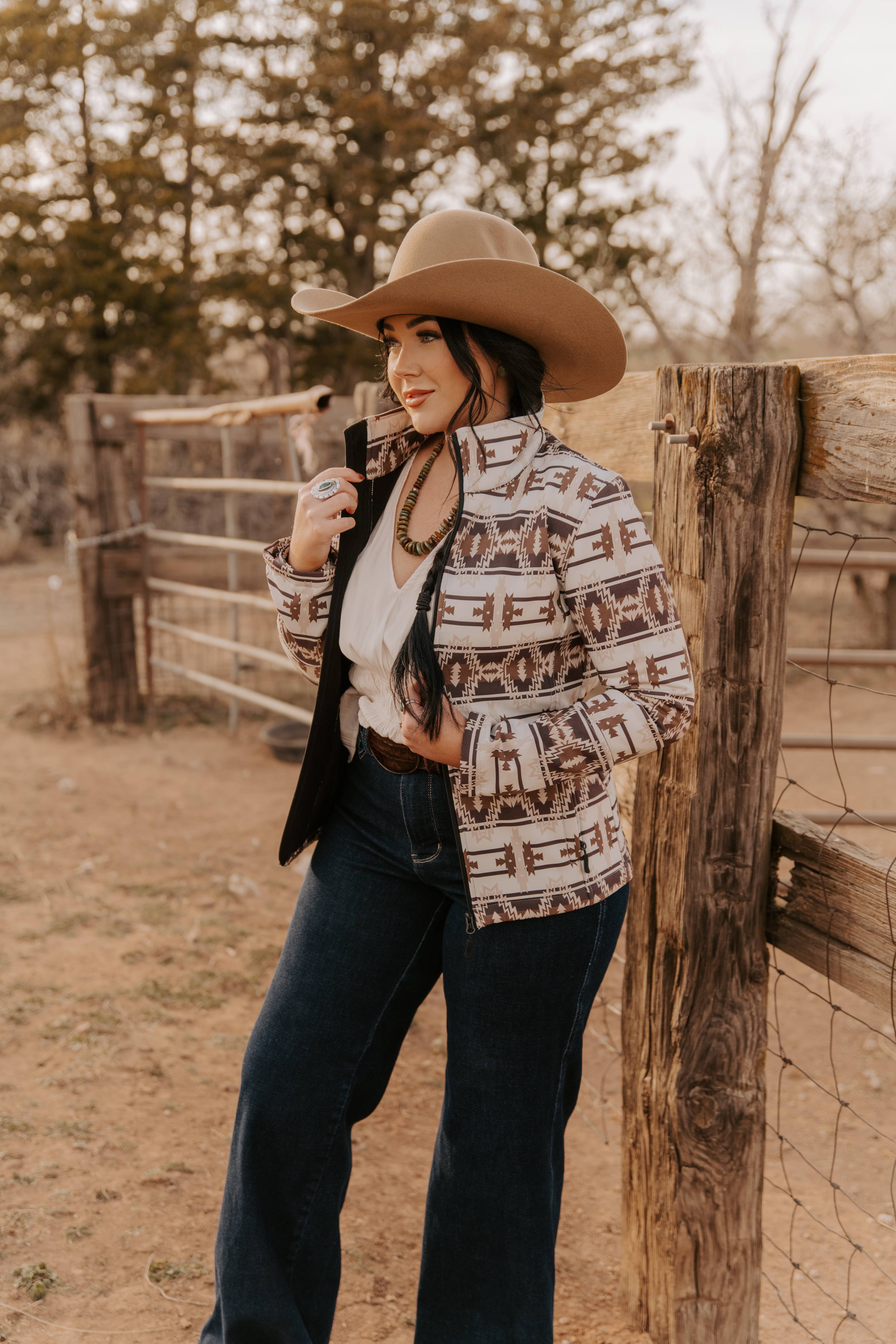 Ladies Bonded Softshell Jacket in Aztec print-L-25922 for wholesale on Faire