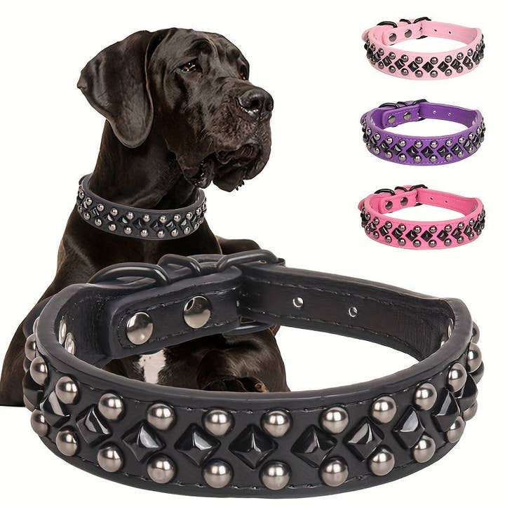 DIYSTORE - Wholesale Pet Collar - Dog - CP037 Studded Faux Leather Dog Collar with Bite-Resistant Rivets, Adjustable Basic Collar with Round and Square Studs for Neck Protection - For Medium to Large Dogs - Durable & Stylish - Perfect Gift for Dog Owners
