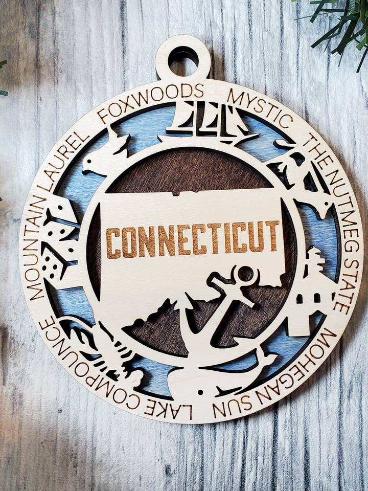 State Ornament - Wood USA Ornament - Christmas Ornament - Connecticut Ornament for wholesale by Creekside Cottage Designs