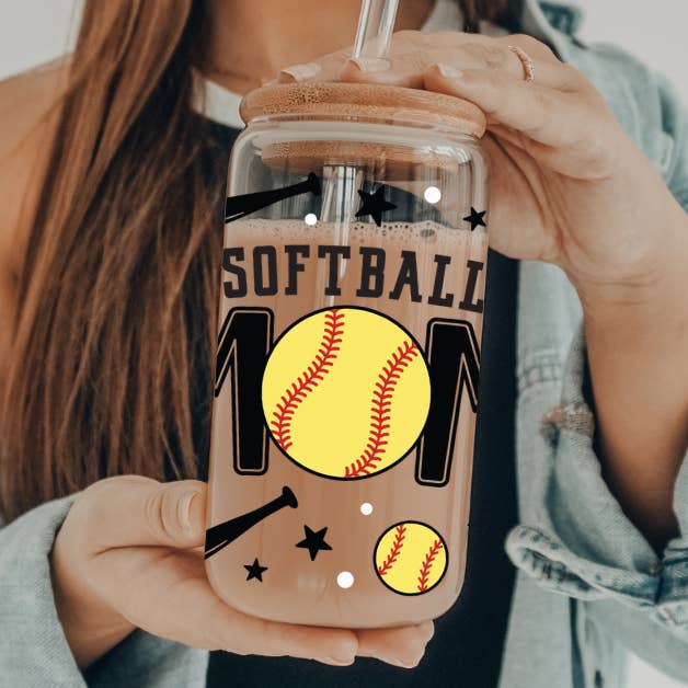 Softball Mom | UVDTF | 20 oz Libbey Can Glass with Bamboo Lid & Straw for wholesale by SKS Design Studio