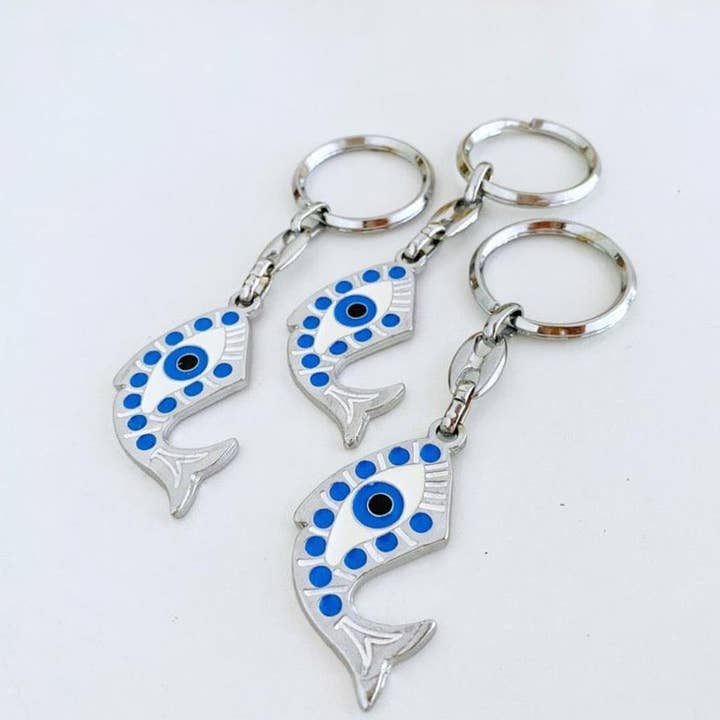 Fish Evil Eye Keychain, Lucky Evil Eye Charm, Silver Keychain for wholesale by Evileyefavor