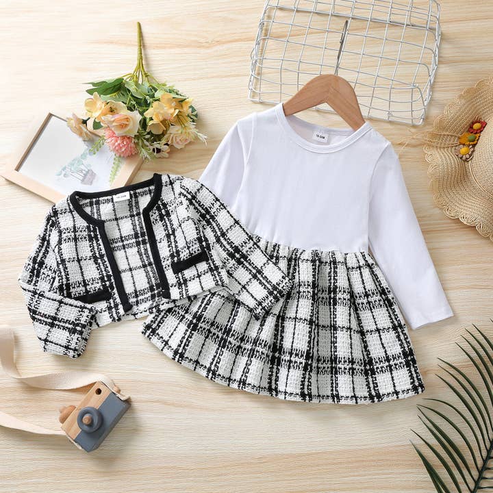 2-piece Toddler Girl Plaid Stitching Dress Cardigan Set for wholesale by PatPat