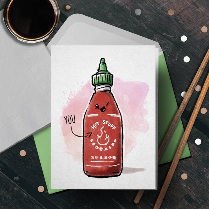 "Hot Stuff" Spicy Food, Hot Sauce Funny Valentine Card for wholesale by Aaron Millard Illustration