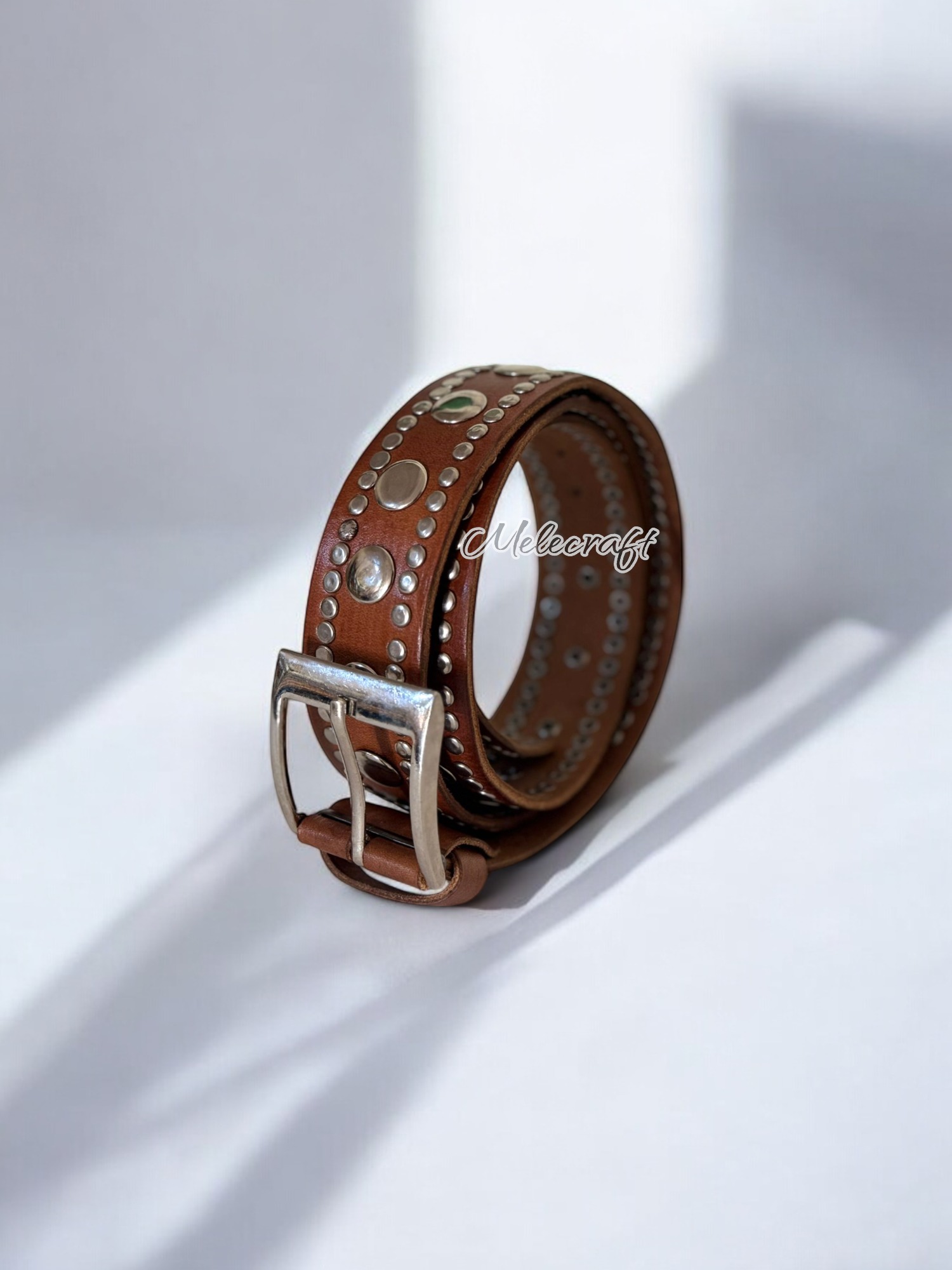 Melecraft – wholesale Belt – Unisex – Brown Leather Belt with Metallic Studs – Handmade2