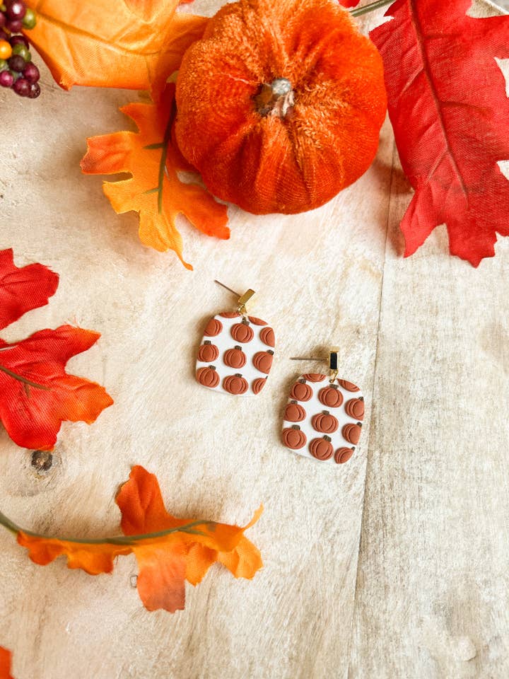 Square Pumpkin Dangles for wholesale by hunterclayco | Polymer Clay Earrings