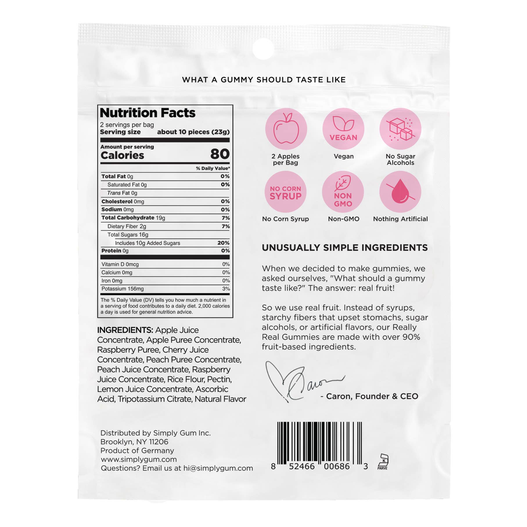 Simply Gum – Engroshandel Vingummi – Really Real Gummies - fersken hindbær (1,8 oz poser)1