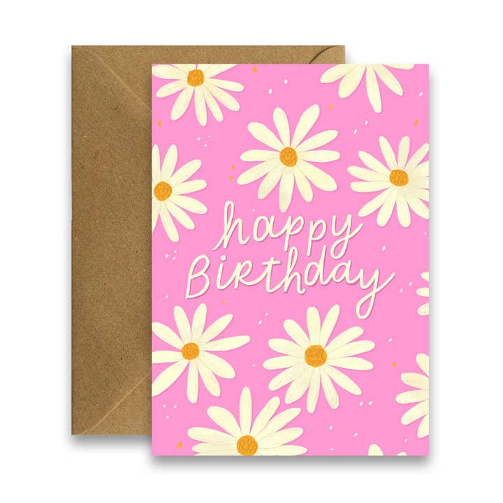 Levendige verjaardagskaart met madeliefjesprint voor wholesale door By Claire Schorman