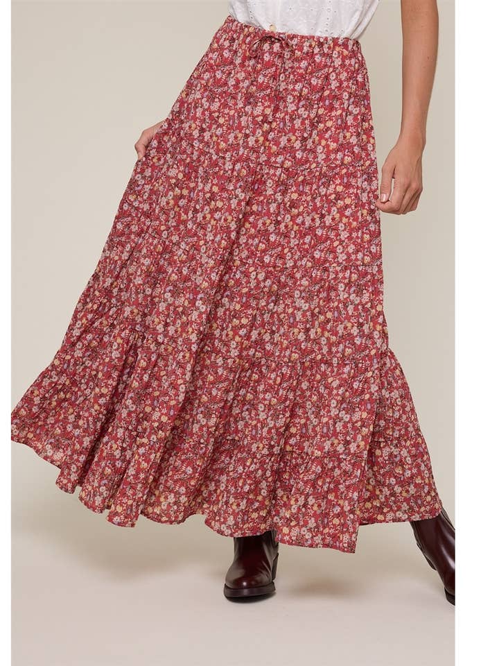 DITSY FLORAL TIERED MIDI SKIRT / WL25-11793 for wholesale by Wishlist Apparel