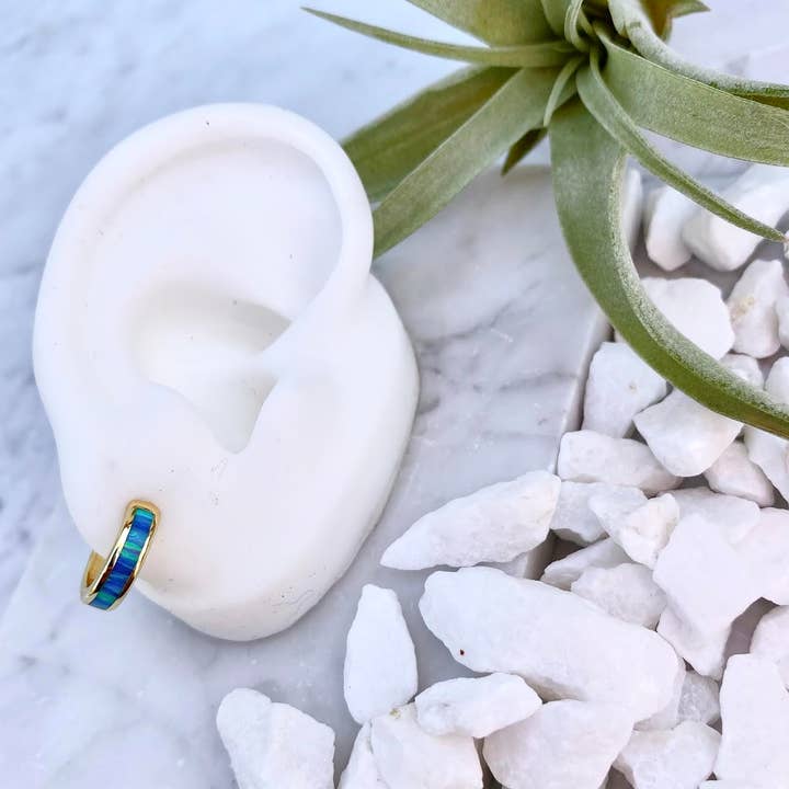 minor metal jewelry - Wholesale Huggie Earrings - blue opal inlay huggies2