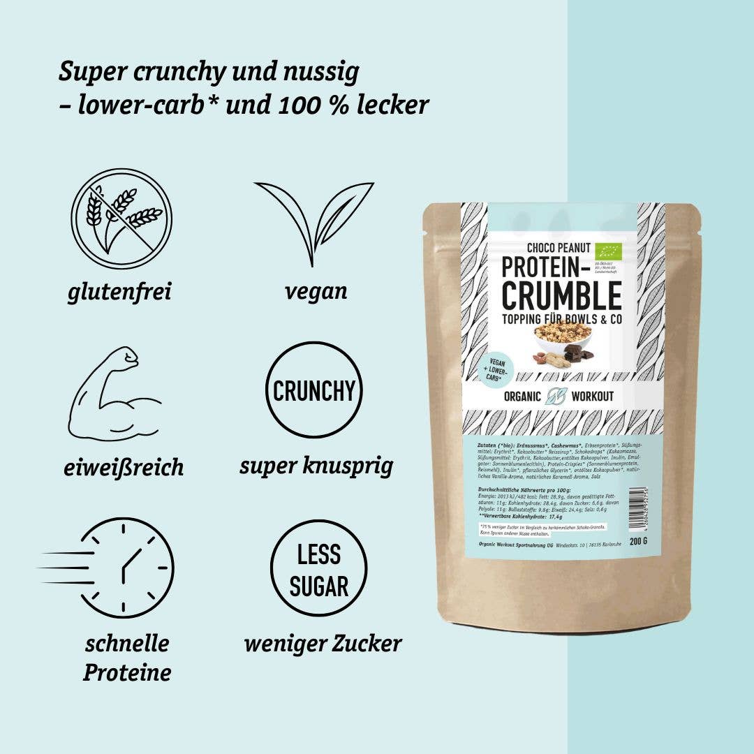Organic Workout – wholesale Protein/superfood powder – Choco Peanut Protein Crumble – organic, vegan with extra protein3
