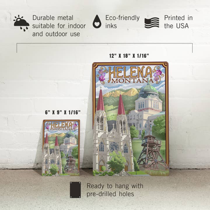Lantern Press - Wholesale Sign - METAL SIGN ART Helena, Montana, Town Views