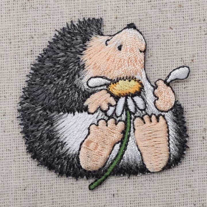 Hedgehog with Daisy - Embroidered Patch - Iron on Applique - 155250A for wholesale by Wholesale Applique