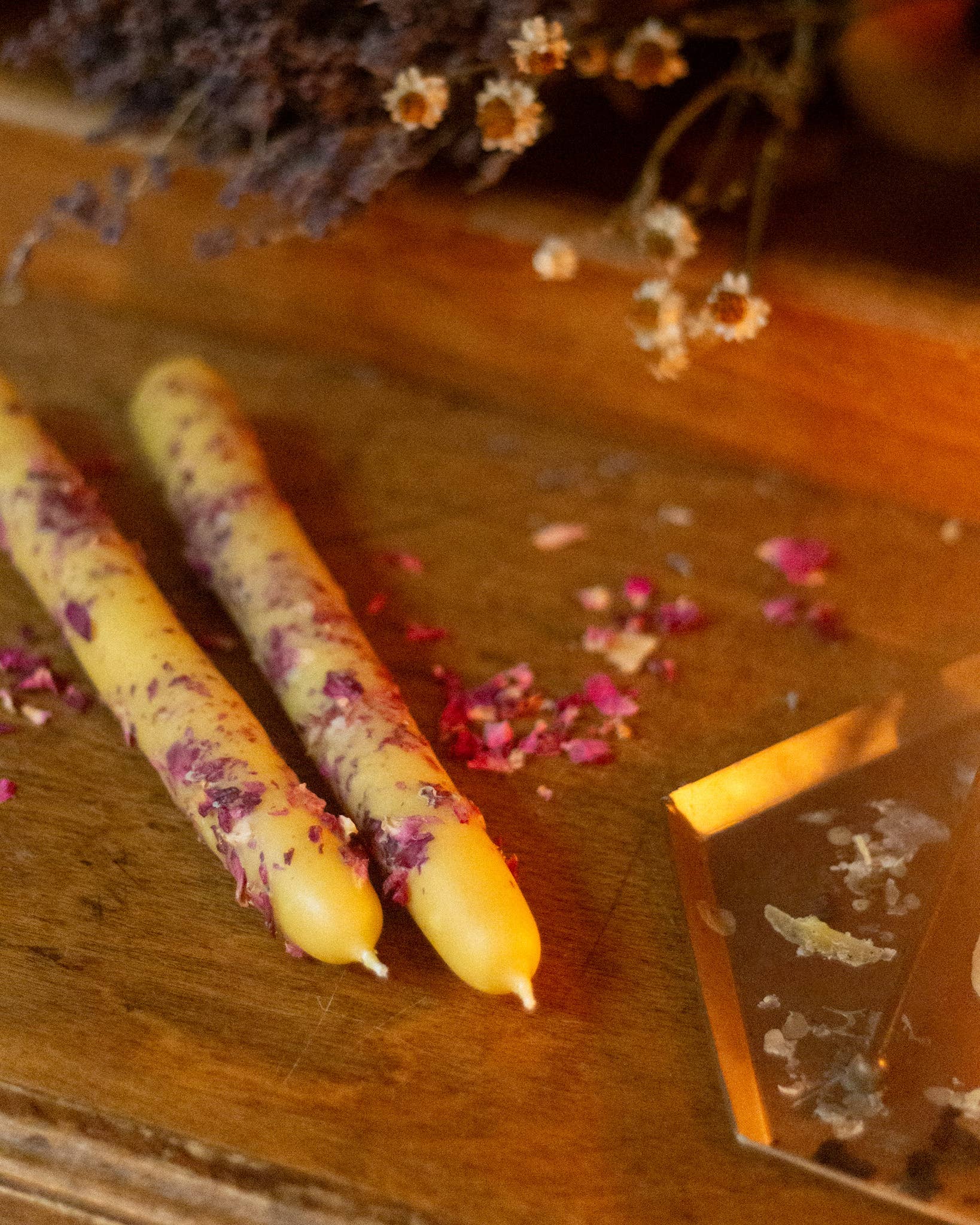 The Ramblin' Bee - Wholesale Tapered Candle/Candlestick - Hand Dipped Beeswax Taper Candle with Rose Petals2