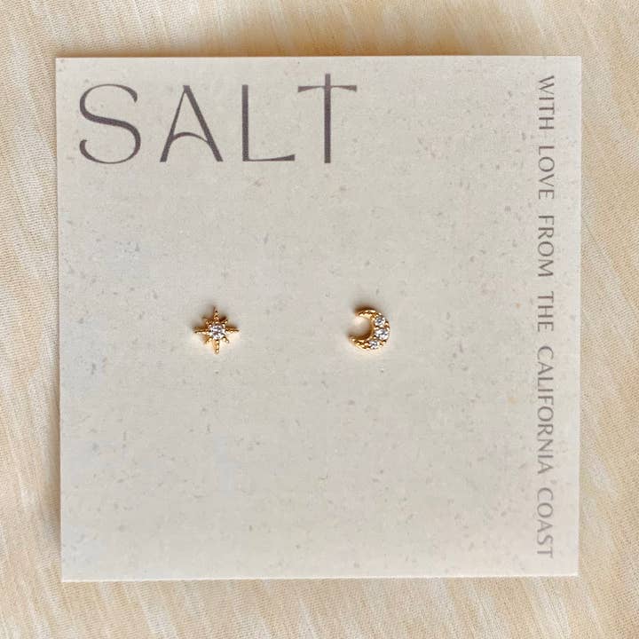 STAR & MOON STUDS | gold | tiny & dainty stud earrings  for wholesale by SALT by Sarah Curtis