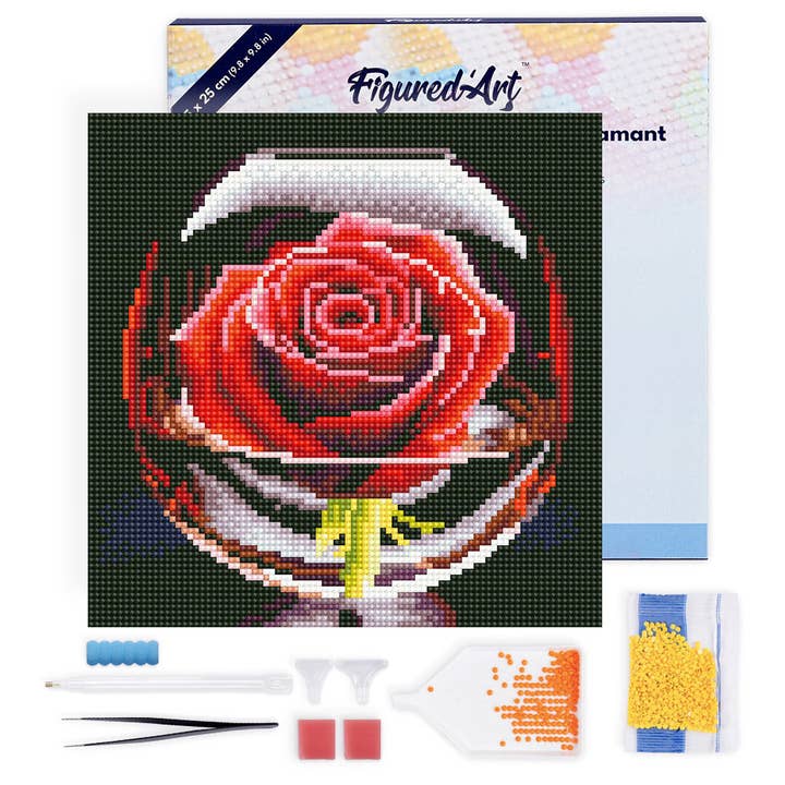 Mini Diamond Painting 25x25cm - Red Rose in the Glass - Framed canvas for wholesale by Figured'Art (UK)