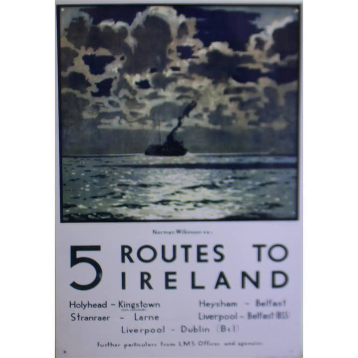 Gris Retro Art - Affiche de ferry 5 routes vers l'Irlande en vente sur Faire